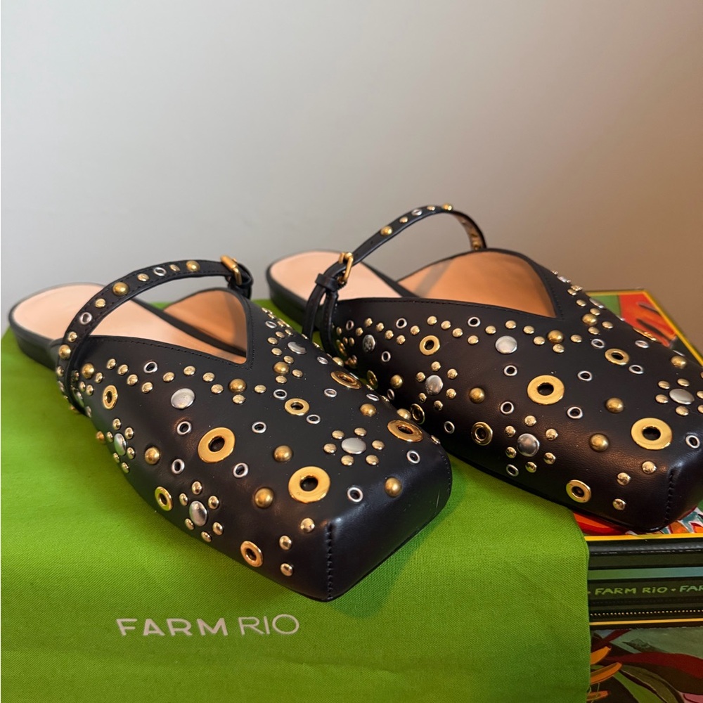 Farm Rio Black and Gold Studded Square Toe Flats